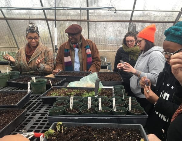 A group of people stand around a greenhouse bench labeling seedlings